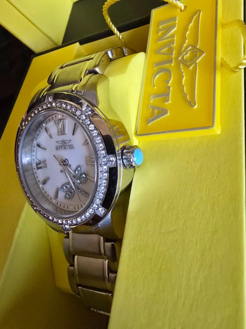 Invicta Angel Quartz Crystal Accented Mother-of-Pearl Silver-tone watch